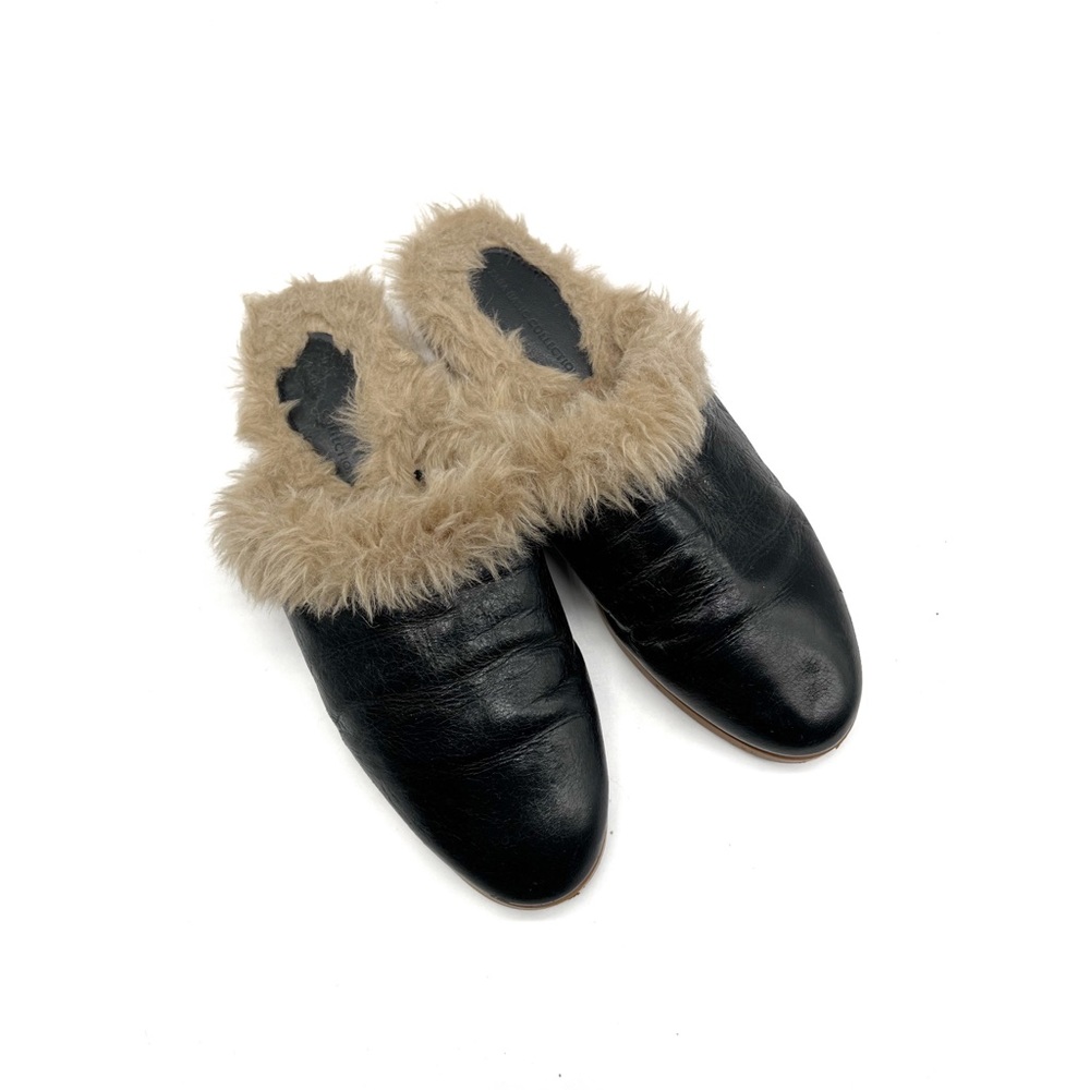 Zara Basic Collection Fur Mules Black Leather Size 6 / 36 slip on